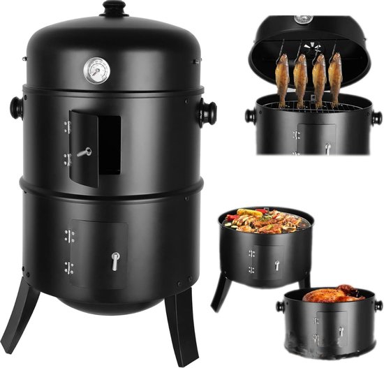 Bbq Roker - Oven - Houtskool Roker - 3 Niveaus - Inclusief Thermometer - Voor Buiten Barbecue - Zwart - 3 in 1 van Merkloos