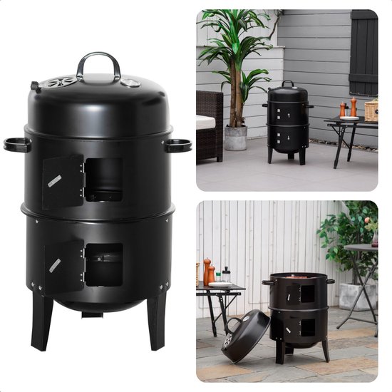 BBQ Rookoven - Rook- en Grilloven - Ø40 x H78 cm - Staal - 2 Roosters - Thermomemeter - Houtskool/Briketten - 6,9 kg - Barbecue Smoker van Perel