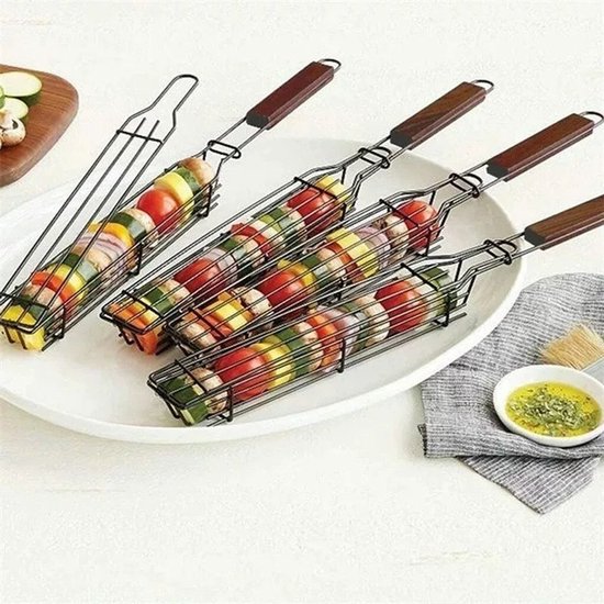 BBQ roosterkorf met houten handvat, grillmand voor spiesjes, sluitmechanisme, voor barbecue