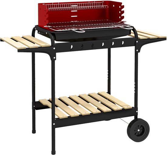 BBQ Smoker - Houtskoolgrill - Grillwagen - Barbecue - Met wielen - Verstelbaar rooster - Houten plank - Metaal - Terras - 103x47x95 cm - 1 stuk - Zwart van Merkloos