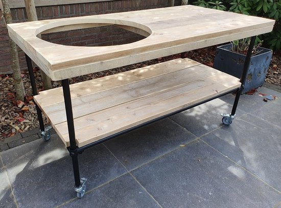 BBQ Tafel - Buitenkeuken - 140x70cm - Gat 50cm - Wielen - Zwart Staal en Hout - Kamado Tafel - Barbecue - Big Green Egg - Bastard - Grill Guru - Kamado Joe - Ombouw - Onderstel - Geschikt voor vele modellen van Merkloos