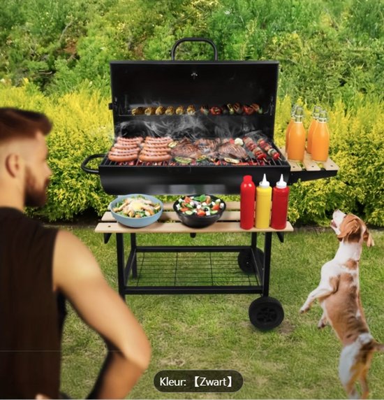 BBQ-Toro Houtskoolgrillkar met Deksel | 70 X (L) 38,5 cm | Premium Mobiele Houtskoolgrillkar, Incl. Thermometer, Verwarmingsrek, Houten Planken | Roker, Houtskoolgrill, Barbecuegrill, Houtgrill