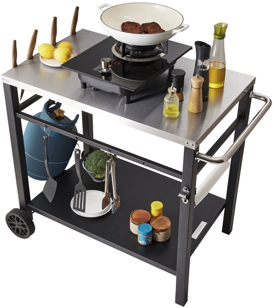BBQ Werktafel - Barbecue Tafel - Grilltafel - Buitenkeuken Trolley - Werkbank Buiten - Roestvrijstalen Blad - Dubbele Plank - 85x55 cm - Verrijdbaar Met 2 Wielen van Livin'outdoor