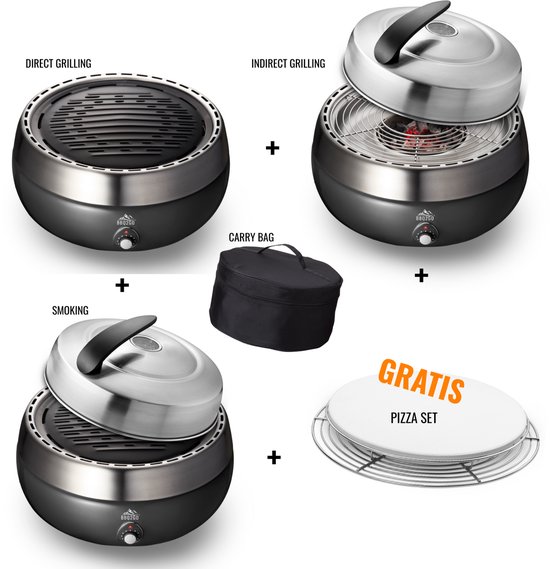 BBQ2GO SET2025 - Rookvrije Houtskool Tafelbarbecue - Direct en Indirect grillen en smoken, GRATIS Pizzaset & Draagtas - Ø30cm van Merkloos