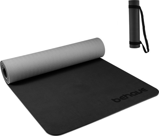 Behave Yoga Mat - Yogamat - Fitnessmat - Fitness Mat - Sportmat - Extra Dik - Antislip - TPE - Incl. Draagriem - 181 x 61 x 0,8 cm - Zwart van Behave