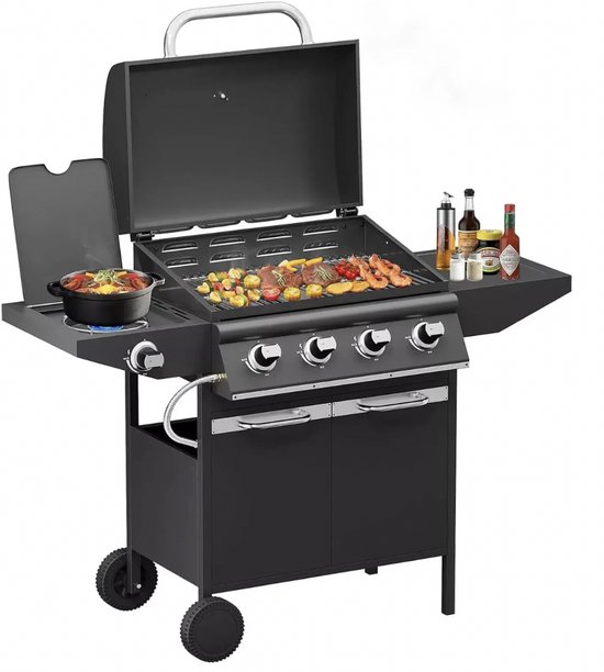 Betaalbare Gas BBQ 15KW - Buitenkeuken - Barbecue - 4+1 branders en zijbrander - Goede kwaliteit - Stevig - EU gecertificeerd - Zwart van MAXXgarden