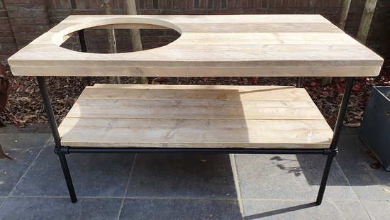 Big Green Egg Tafel | Buitenkeuken | 140x70cm | Gat 50cm | Zwart Staal en Hout | BBQ Tafel | Kamado Tafel | Barbecue | Bastard | Grill Guru | Kamado Joe | Ombouw | Onderstel | Geschikt voor vele modellen van Bastard
