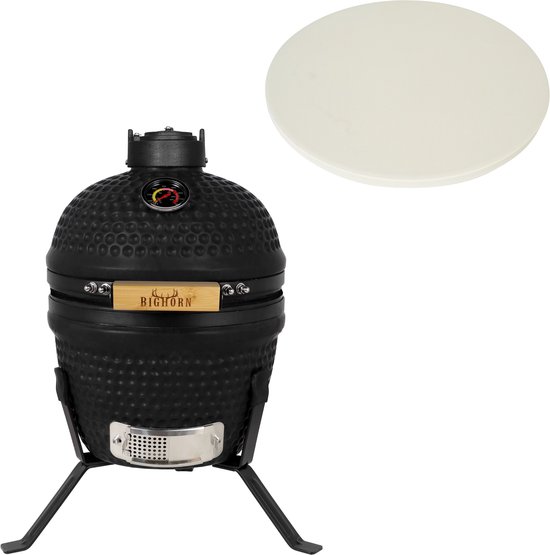 BIGHORN Kamado BBQ 27 cm - Mat Zwart –13 Inch Houtskool Barbecue - Keramische Houtskool BBQ - Inclusief Pizzasteen - Kamado Grill voor Grillen, Roken & Bakken - Met Thermometer - Compact voor Balkon en Tuin van Merkloos
