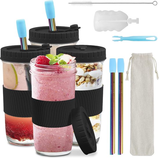 Black Bubble Tea bekers met deksel en roestvrij stalen rietje, 730 ml, drinkfles, glas met rietje, kruiden Mason Jars voor milkshakes, sap, smoothies, bier van Mfacoy