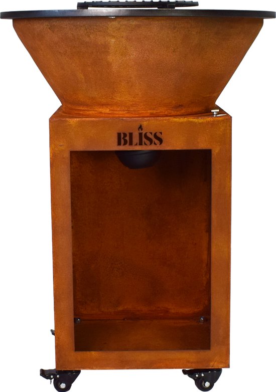 BLISS Plancha Cortenstaal Ø72 cm - Grote BBQ- Extra dik cortenstaal - 16 mm kookplaat - Vuurschaal - Buitenkoken - Houtopslag van Merkloos