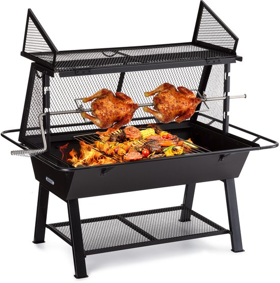 Blumfeldt 2-in-1 Rotisserie BBQ – Houtskoolgrill met Draaispit voor Kip en Speenvarken, RVS Grillrooster, Vonkenscherm en Regenhoes