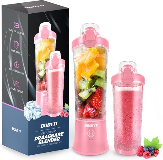 BODYIT® - Draagbare Blender met Extra Accessoires - 700ml – 6 Mesjes – Portable Blender To Go – USB-C - Oplaadbare Blenders met Accu – Draadloze Smoothie & Shake Maker - Roze van BODYIT®