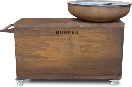 BonFeu BonBiza Island - Mobiele Buitenkeuken met Vuurschaal 80 cm en Plancha - Cortenstaal BBQ met Opbergruimte & Zwenkwielen - Outdoor Kookeiland 135x65x110 cm van BonFeu
