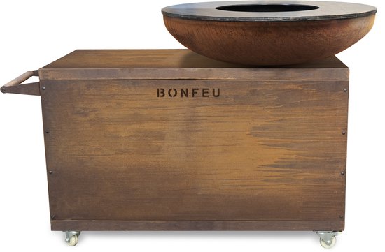 BonFeu BonBiza Island XL - Mobiele Buitenkeuken met Vuurschaal 100 cm en Plancha - Cortenstaal BBQ met Opbergruimte & Zwenkwielen - Outdoor Kookeiland 135x65x110 cm van BonFeu
