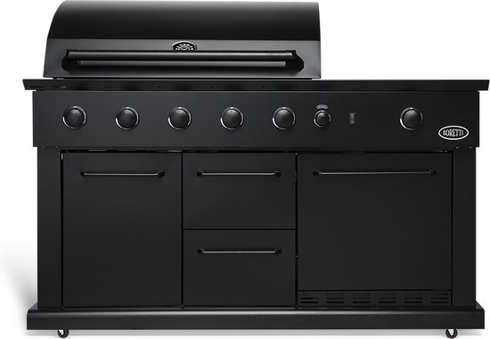 Boretti - Luciano Nero - Gasbarbecue - Zwart - buitenkeuken - ingebouwde koelkast - gietijzeren grillroosters - gietijzeren bakplaat - 2 lades - 1 opbergruimte van Boretti