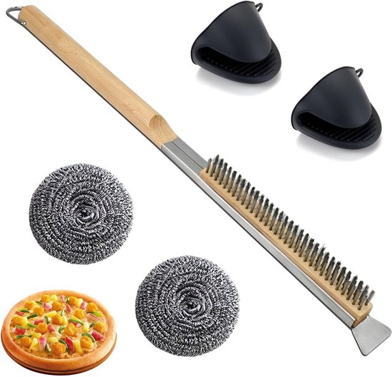 Borstel voor pizzaoven en pizza-ovensteen reinigen met schraper - barbecue grillreinigingsgereedschap - houten handvat - keukenaccessoires - schoonmaakborstel voor keukens - draagbaar van Harcas