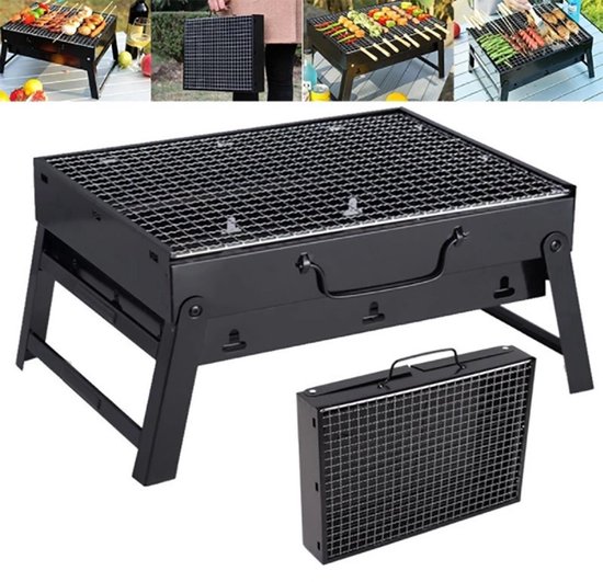 Borvat® Compacte Opvouwbare Houtskool BBQ - Draagbare Grill voor Kamperen, Picknicks en Tuinfeestjes - Roestvrij Staal, Zwart van Merkloos