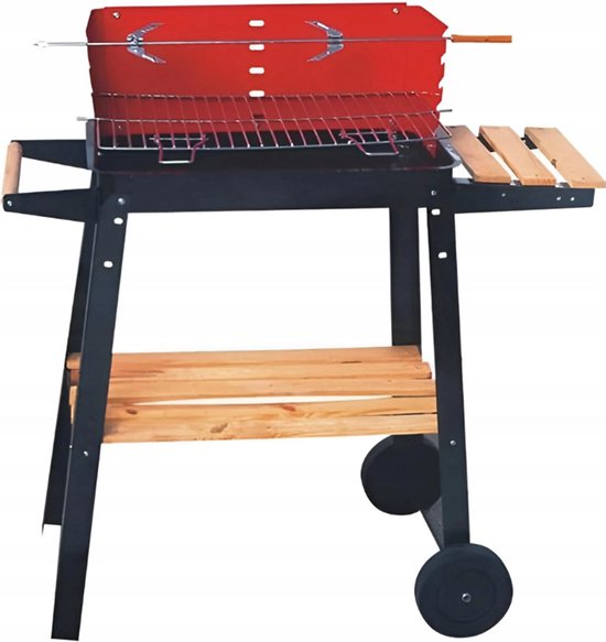 Boxer Houtskool Barbecue op Wielen – Verstelbaar Rooster & Houten Legplanken - Verrijdbare BBQ van Merkloos