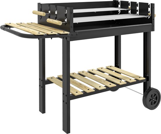 Bratislava houtskoolbarbecue, staal met grenenhouten afwerking, 143 x 68 x 90 cm, met 2 wielen, zijplank, in hoogte verstelbare roosters, zwart