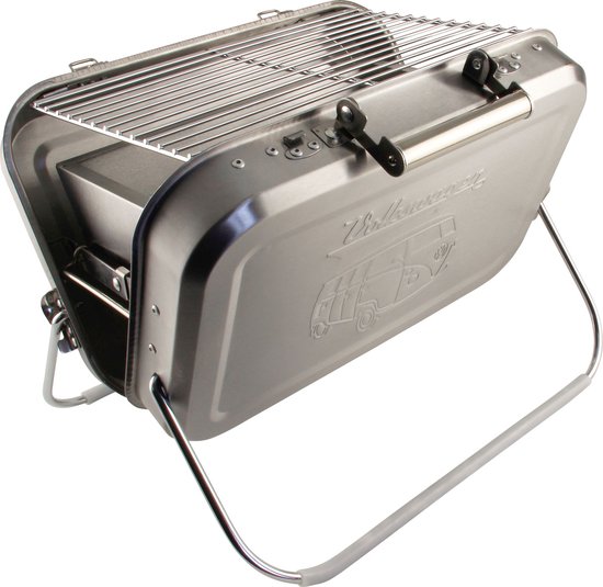 BRISA VW Collection - Volkswagen T1 Bulli Bus Draagbare kofferbarbecue met grillrooster, opvangbak voor kolen en handvat, cadeau-idee/barbecue-accessoires/outdoor (roestvrij staal)
