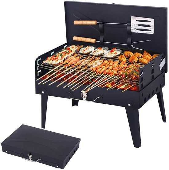 Buiten BBQ Grill – Opvouwbare BBQ Grill – Houtskool BBQ Grill – Inclusief BBQ Gereedschapsset – Draagbare BBQ Grill – Geschikt voor kamperen, buitenactiviteiten of vakanties – Roestvrij staal – Familiefeesten – Zwart