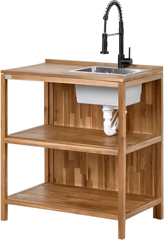 Buitenkeuken met spoelbak - Houten werktafel - Buiten koken - Weerbestendig acaciahout - 80x50x133 cm - Bruin