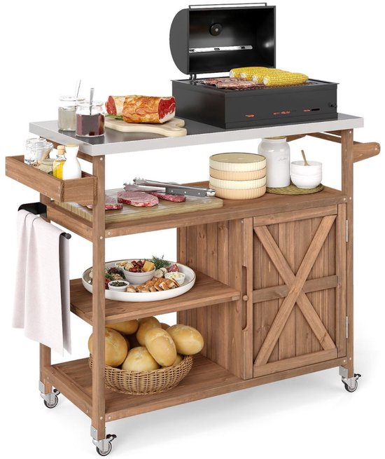 Buitenkeuken op Wielen – BBQ Trolley – Met Opberg - OpbergPlanken – Werktafel voor Buiten – RVS & Metaal – Multifunctioneel – Koffiebruin / Zilver