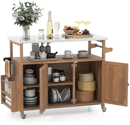 Buitenkeuken op Wielen – BBQ Trolley – Met Opbergkast & Planken – Werktafel voor Buiten – Hout & Metaal – Multifunctioneel – Naturel van Merkloos