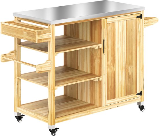 Buitenkeuken op Wielen – BBQ Trolley – Met Opbergkast & Planken – Werktafel voor Buiten – Hout & Metaal – Multifunctioneel – Natuurlijk hout van Merkloos
