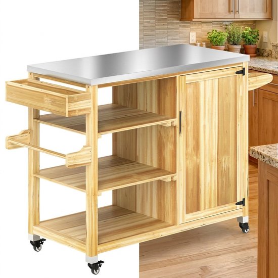 Buitenkeuken op Wielen – BBQ Trolley – Met Opbergkast & Planken – Werktafel voor Buiten – Hout & Metaal – Multifunctioneel – Natuurlijk hout
