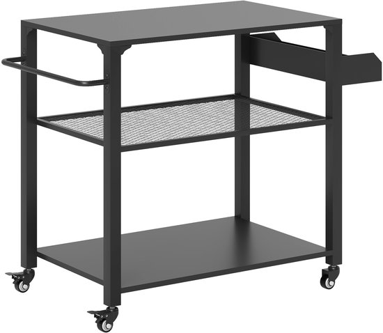 Buitenkeuken op Wielen – BBQ Trolley – Met Opbergkast & Planken – Werktafel voor Buiten – Hout & Metaal – Multifunctioneel – Zwart van Merkloos