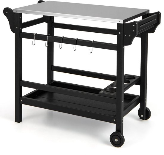 Buitenkeuken op Wielen - BBQ Trolley - Met Opbergkast & Planken - Werktafel voor Buiten - Hout & Metaal - Multifunctioneel - Zwart