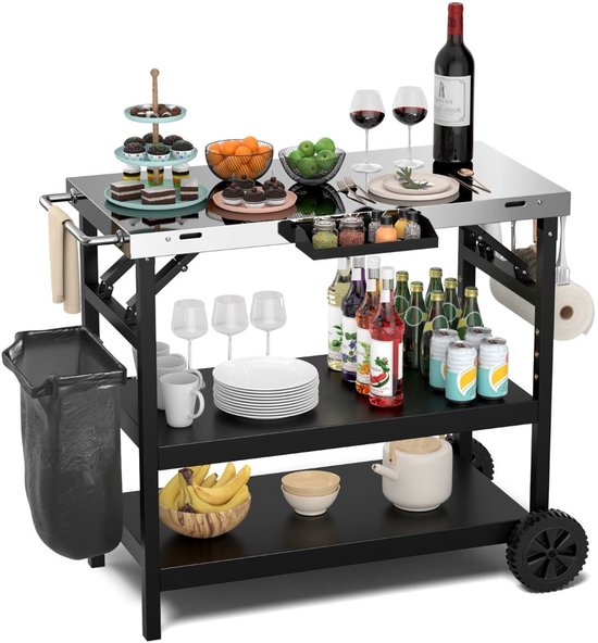 Buitenkeuken op Wielen - BBQ Trolley - Met Opbergkast & Planken - Werktafel voor Buiten –Metaal en roestvrij staal - Multifunctioneel - Zwart en zilver