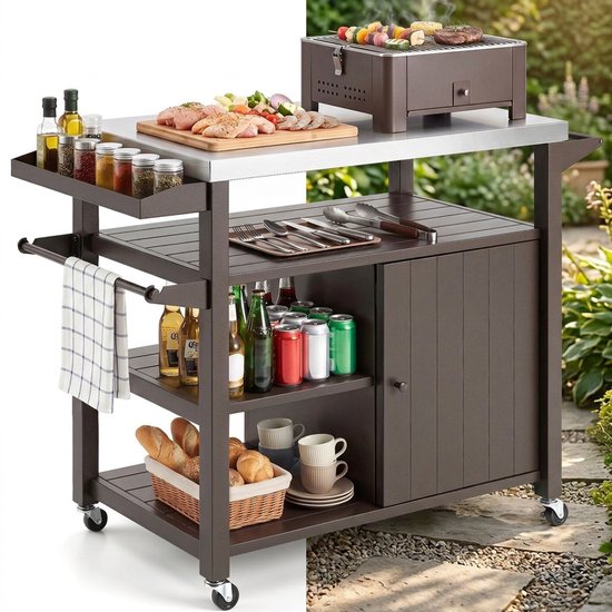 Buitenkeuken op Wielen – BBQ Trolley – Met Opbergkast & Planken – Werktafel voor Buiten – Metaal, RVS – Multifunctioneel – Bruin + Zilver