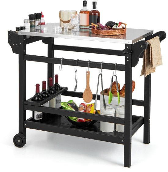 Buitenkeuken op Wielen – BBQ Trolley – Met Opbergkast & Planken – Werktafel voor Buiten – Roestvrij staal, HDPE – Multifunctioneel – Zwart
