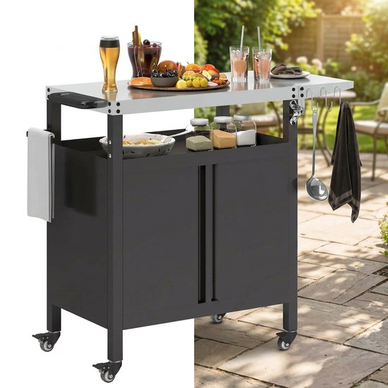 Buitenkeuken op Wielen – BBQ Trolley – Met Opbergkast & Planken – Werktafel voor Buiten – Staal & Metaal – Multifunctioneel – Zwart