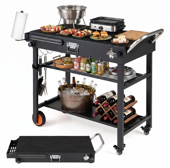 Buitenkeuken op Wielen – BBQ Trolley – Met Opbergkast & Planken – Werktafel voor Buiten – Staal– Multifunctioneel – Zwart