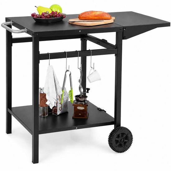 Buitenkeuken op Wielen – BBQ Trolley – Met Opbergkast & Planken – Werktafel voor Buiten – Staal, roestvrij staal, kunststof – Multifunctioneel – Zwart