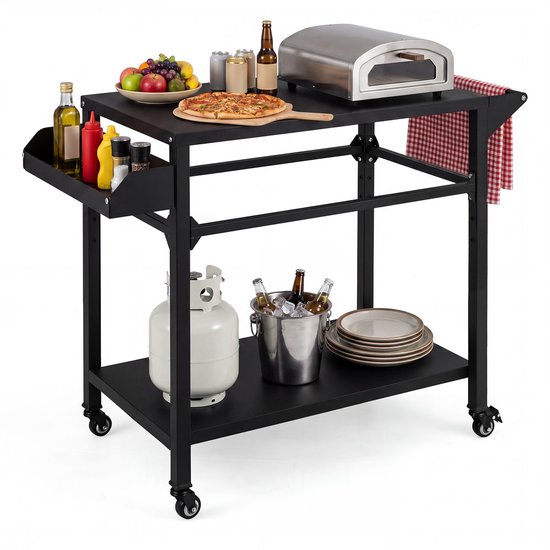Buitenkeuken op Wielen – BBQ Trolley – Met Planken – Werktafel voor Buiten – RVS & Metaal – Multifunctioneel – Zwart