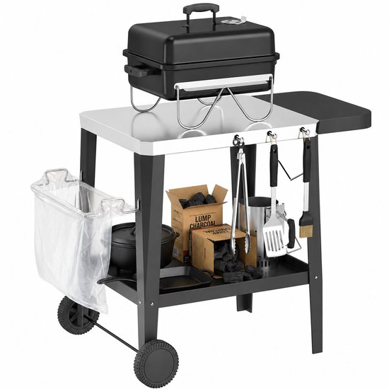 Buitenkeuken op Wielen – BBQ Trolley – Planken – Werktafel voor Buiten – Staal & Metaal – Multifunctioneel – Zwart