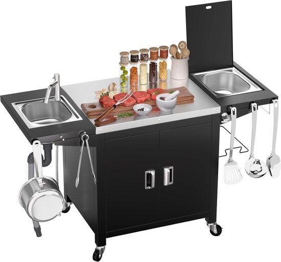 Buitenkeuken Trolley - Verrijdbaar Eiland - Outdoor Koken - Met Spoelbak - 155 cm - Zwart