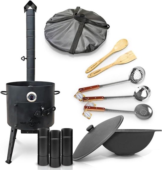 Buitenoven Kazan - Goulash Cannon Dutch Oven - Buiten Koken - Met Rookbuis Thermometer - 12 Liter - Zwart