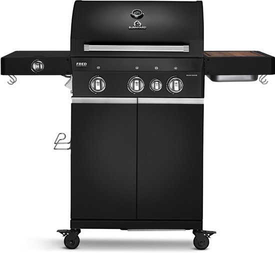 BURNHARD® 3 Branders gasbarbecue FRED Deluxe BLACK Series 3 incl. achterbrander, keramische 900°C infraroodbrander, zijkookplaat, RVS grillrooster + uitklapbare zijtafels van Merkloos