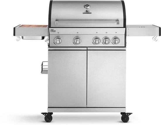 BURNHARD® 4-Brander Gasbarbecue Big Fred, roestvrijstalen grillwagen met zijtafel, gietijzeren rooster, thermometer, piëzo-ontsteking, incl. afdekkap, Keramische Branders en Kookplaat, 2022 Model van Merkloos