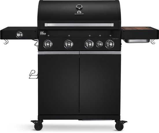 BURNHARD® 4 Branders gasbarbecue Big FRED Black Series 3 incl. achterbrander, keramische 900°C infraroodbrander, zijkookplaat, gietijzeren grillrooster + uitklapbare zijtafels van Merkloos
