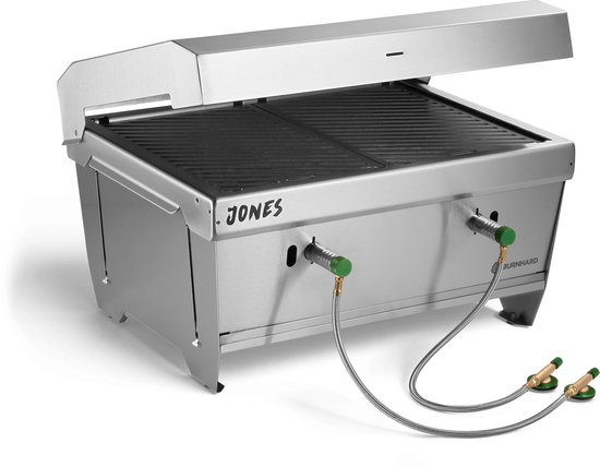 Burnhard Inklapbare 2-Branders Gasbarbecue, 6,4 kW - 500°C - RVS - Incl. tas en multitool - Jones met Deksel van Burnhard