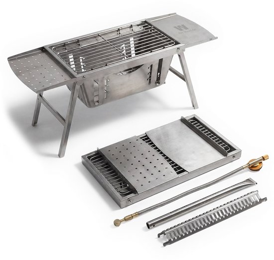 Camping BBQ gas en houtskool (2in1) kleine opvouwbare en draagbare mini barbecue - tafel BBQ / tafelbarbecue - gasbarbecue tafelmodel van Merkloos