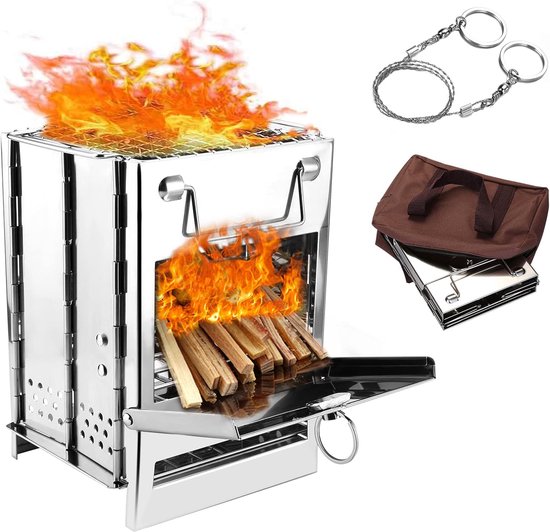 Camping houtkachel opvouwbaar RVS kookkachel draagbaar met grill en opbergtas lichtgewicht 1 kg