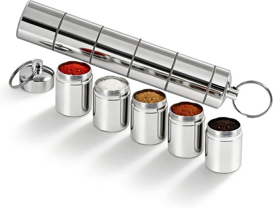 Camping Kruidenset 5-in-1 Mini Zoutstrooier voor Reizen, Aluminium Kruidendozen voor Buiten, Picknick en BBQ Gebruik