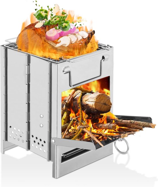 Campingkooktoestel & Mini Houtskoolbarbecue - Inklapbare RVS Houtkachel met Draagtas - Compact & Lichtgewicht voor Backpacking, Wandelen & Kamperen van Merkloos